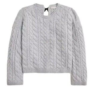 J. Crew Cable Knit Heather Gray Wool Blend w Back Tie Sweater  Size M  NWT